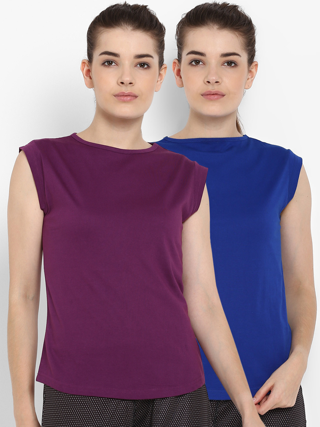 Buy Appulse Women Pack Of 2 Blue & Purple Solid Round Neck T Shirt ...