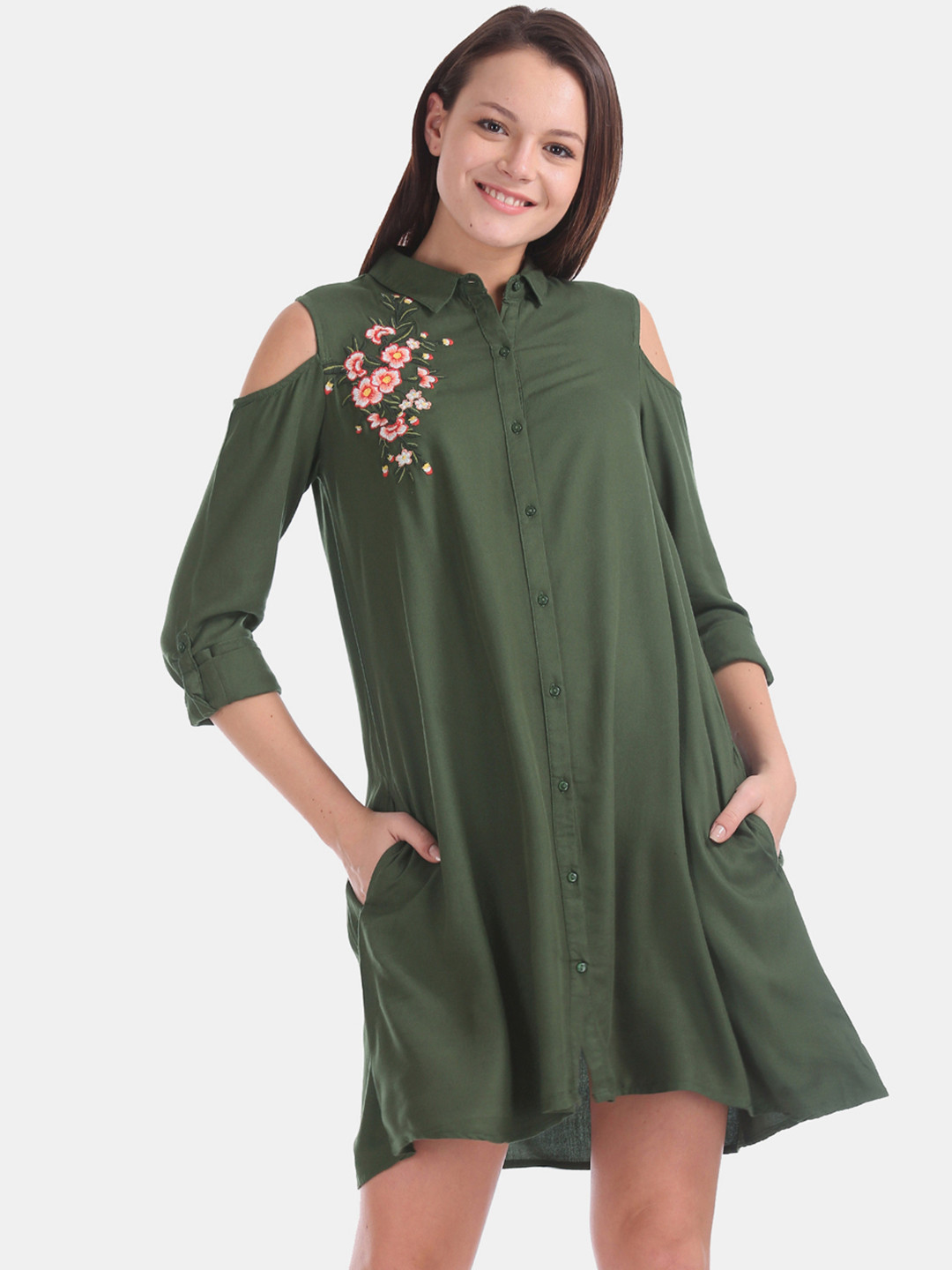 Buy Sugr Women Olive Green Embroidered Shirt Dress Dresses for Women