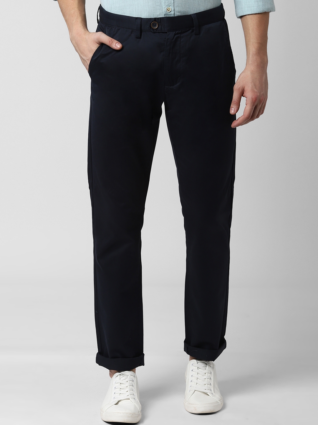 Buy Peter England Casuals Men Navy Blue Slim Fit Solid Regular Trousers ...
