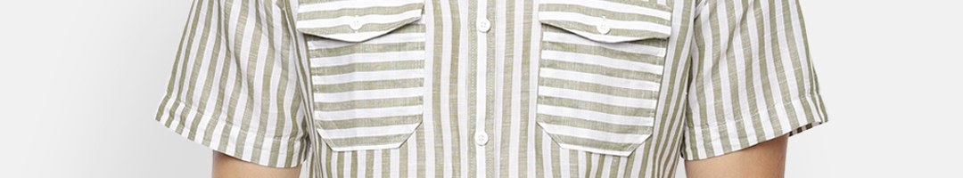 Buy Van Heusen Sport Men Olive Green & White Slim Fit Striped Casual