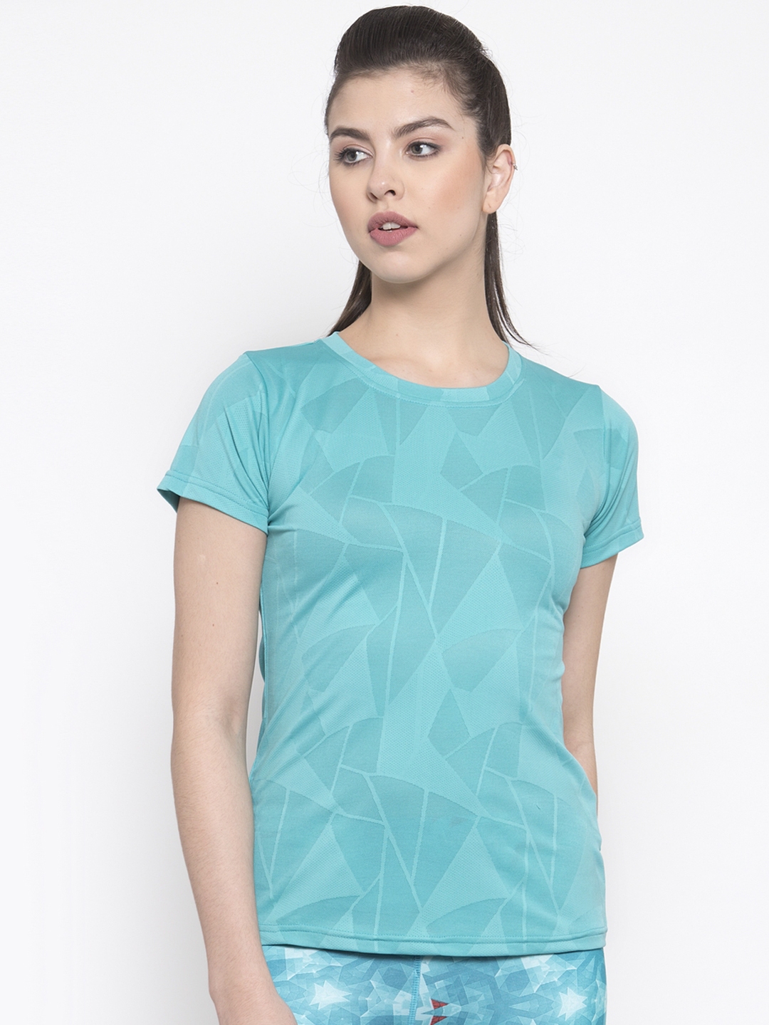 Buy Boston Club Women Turquoise Blue Self Design Slim Fit Round Neck T Shirt Tshirts For Women