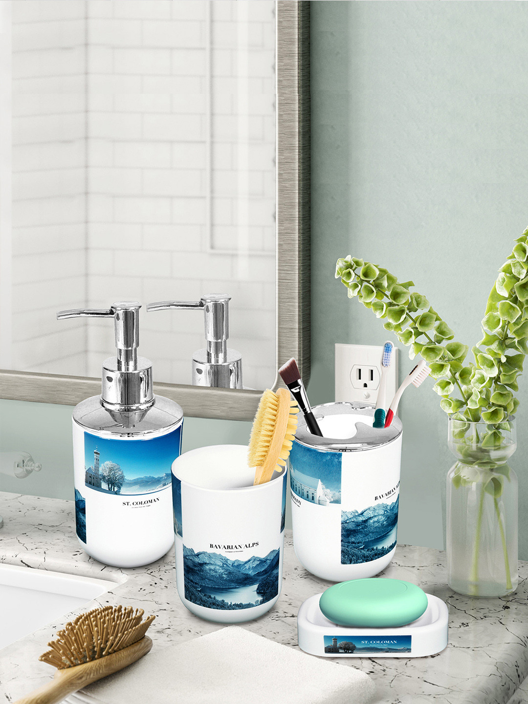 Buy Storyhome Set Of 4 White & Blue Printed Plastic Bathroom