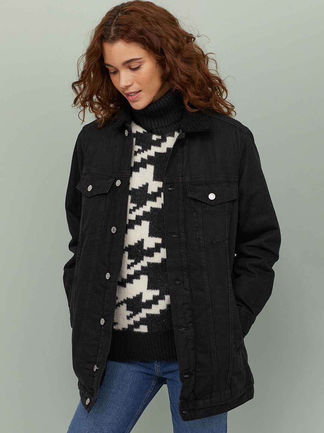 Buy H&M Women Black Solid Pile Lined Denim Sustainable Jacket Jackets