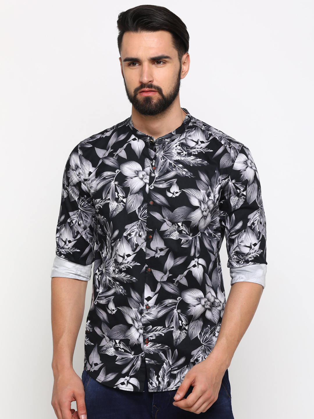 Buy WITH Men Black & White Slim Fit Printed Casual Shirt Shirts for