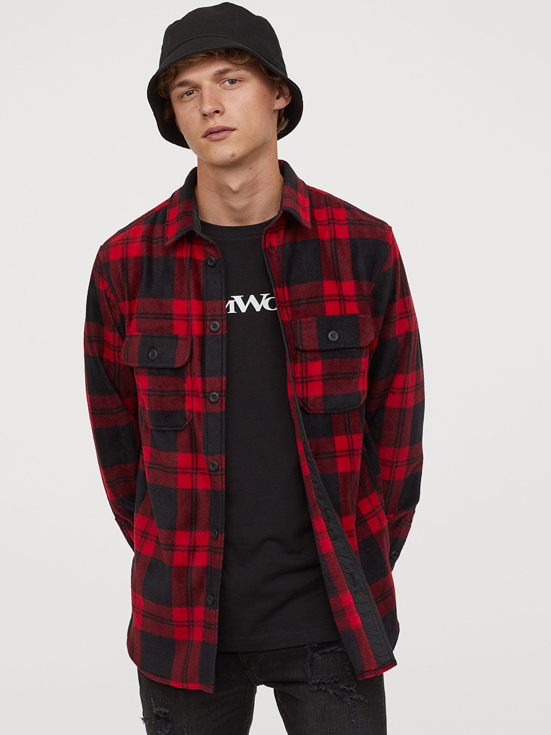 Buy H&M Men Red & Black Checked Fleece Shirt Shirts for Men 11116014