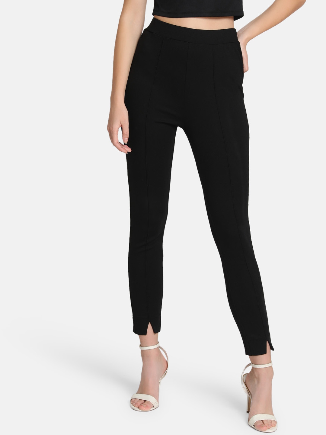 Buy Kazo Women Black Slim Fit Solid High Rise Regular Trousers ...