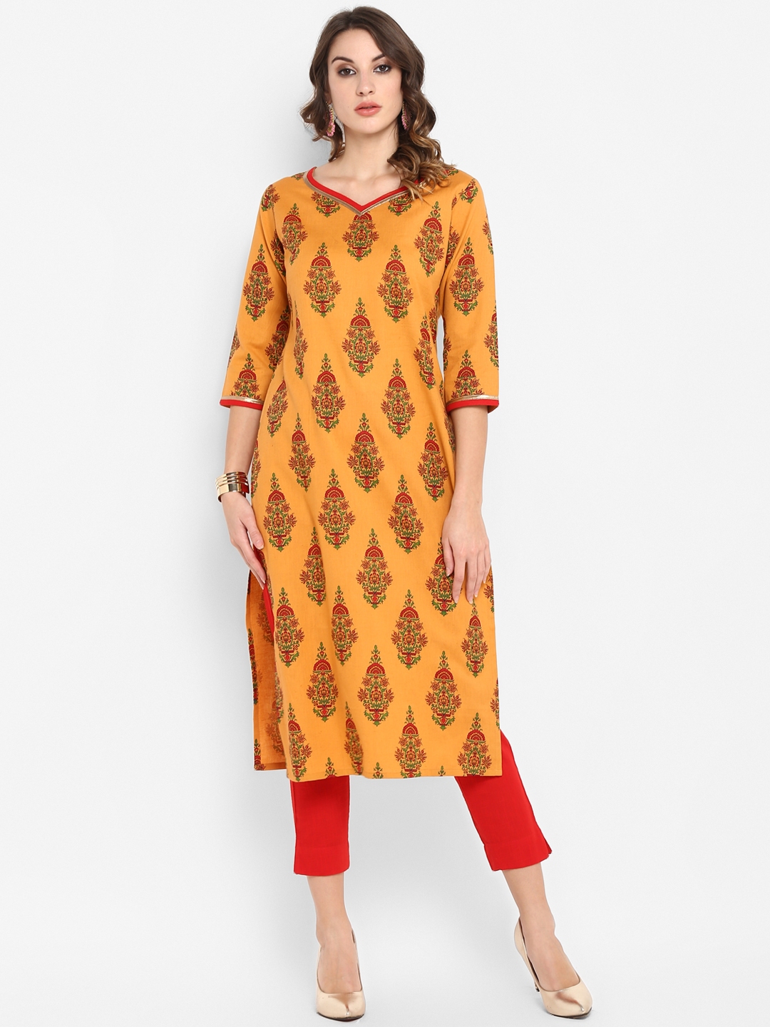 Buy Janasya Women Orange & Red Printed Gotta Patti Kurta With Trousers ...