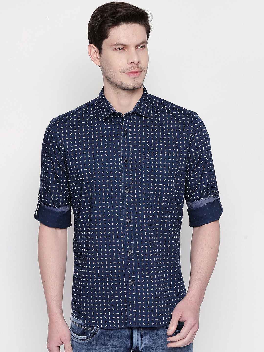 Buy Basics Men Navy Blue & White Slim Fit Printed Casual Shirt - Shirts ...