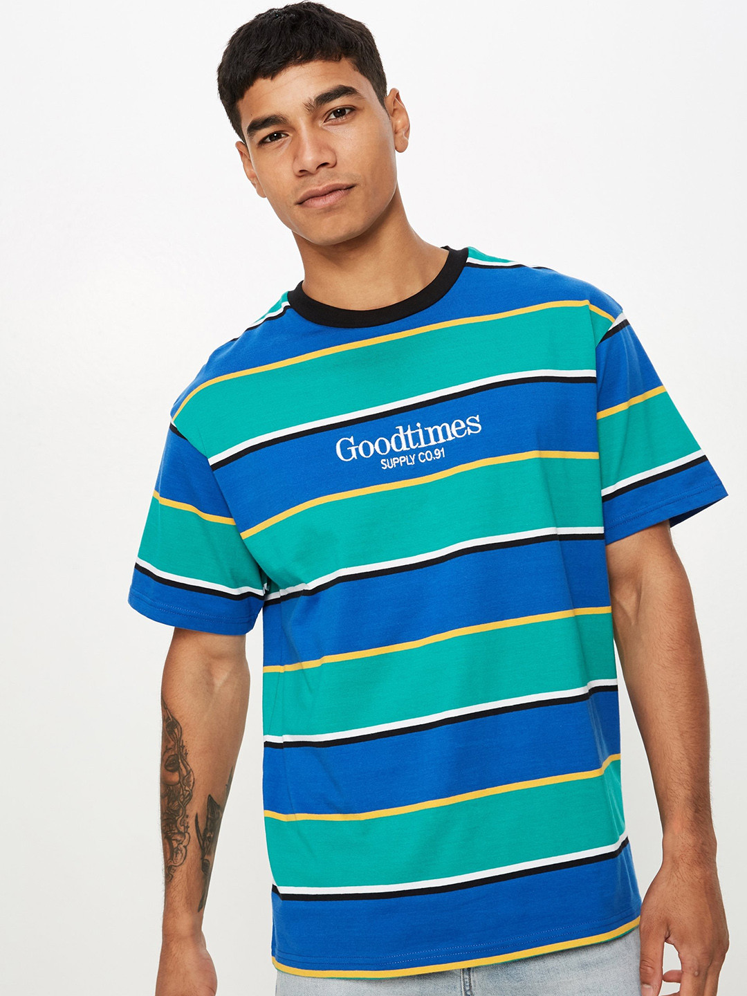 Buy COTTON ON Men Blue & Sea Green Striped Round Neck T Shirt Tshirts