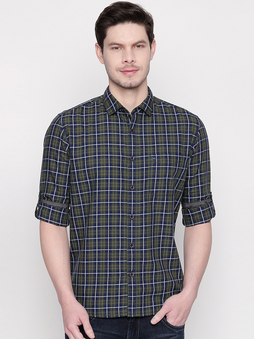 Buy Basics Men Green & Navy Blue Slim Fit Checked Casual Shirt - Shirts ...