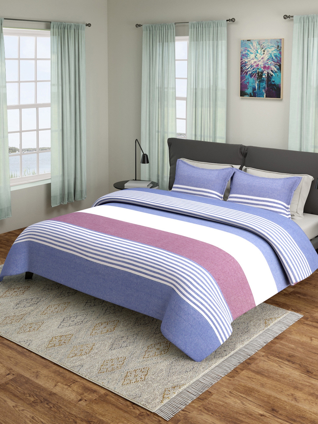 Buy ROMEE Blue & White Striped Queen Size 180 TC Bed Sheet ...