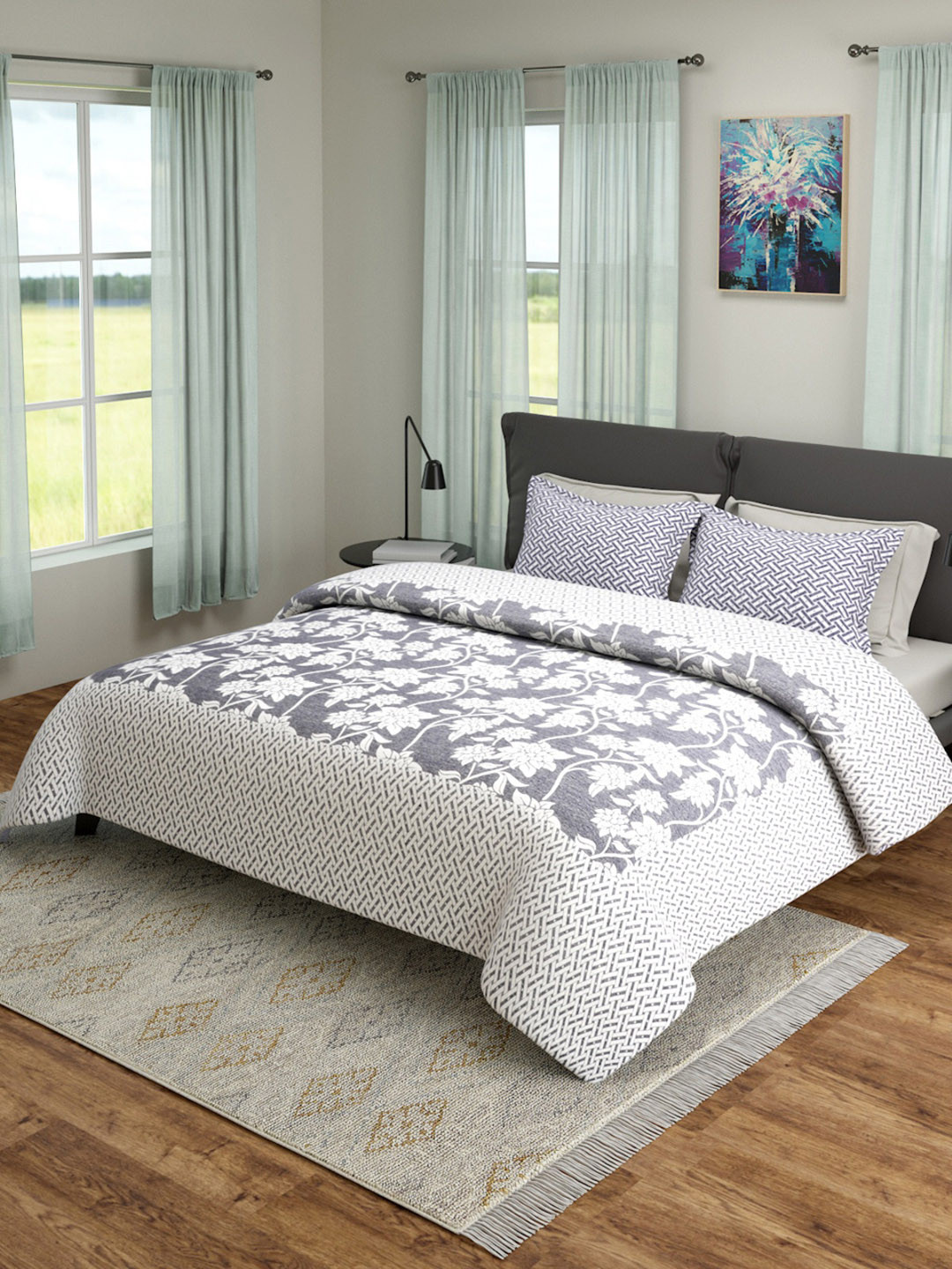 Buy ROMEE Grey & White Queen Sized Printed 180TC Bed Cover With 2