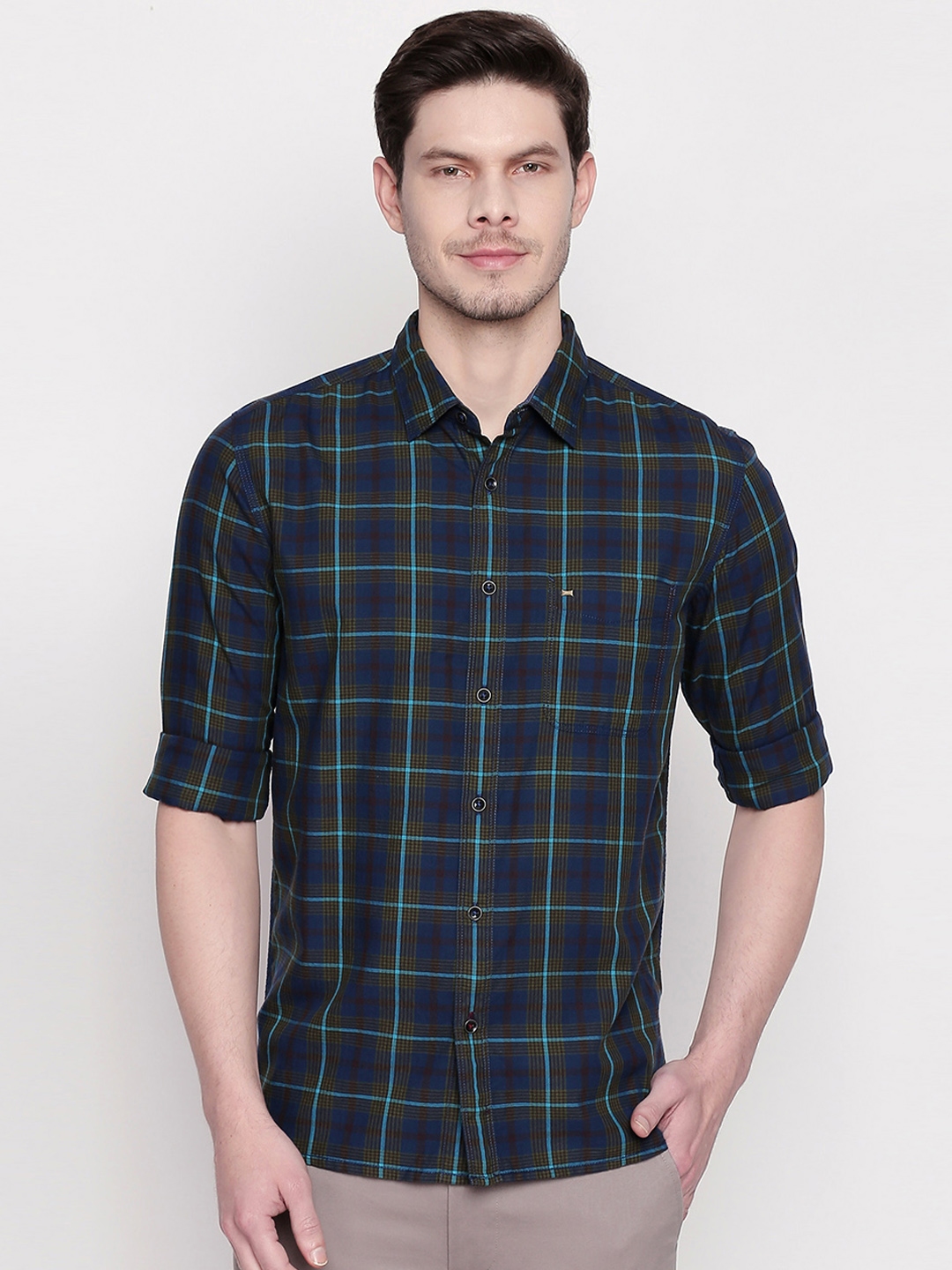 Buy Basics Men Navy Blue & Green Slim Fit Checked Casual Shirt - Shirts ...