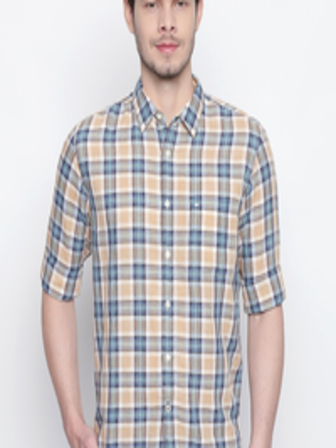 Buy Basics Men Yellow & Blue Checked Slim Fit Casual Shirt - Shirts for ...