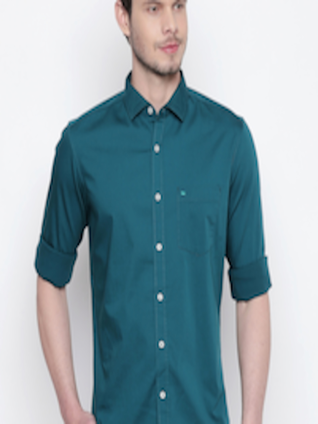 Buy Basics Men Teal Blue Solid Slim Fit Casual Shirt - Shirts for Men ...