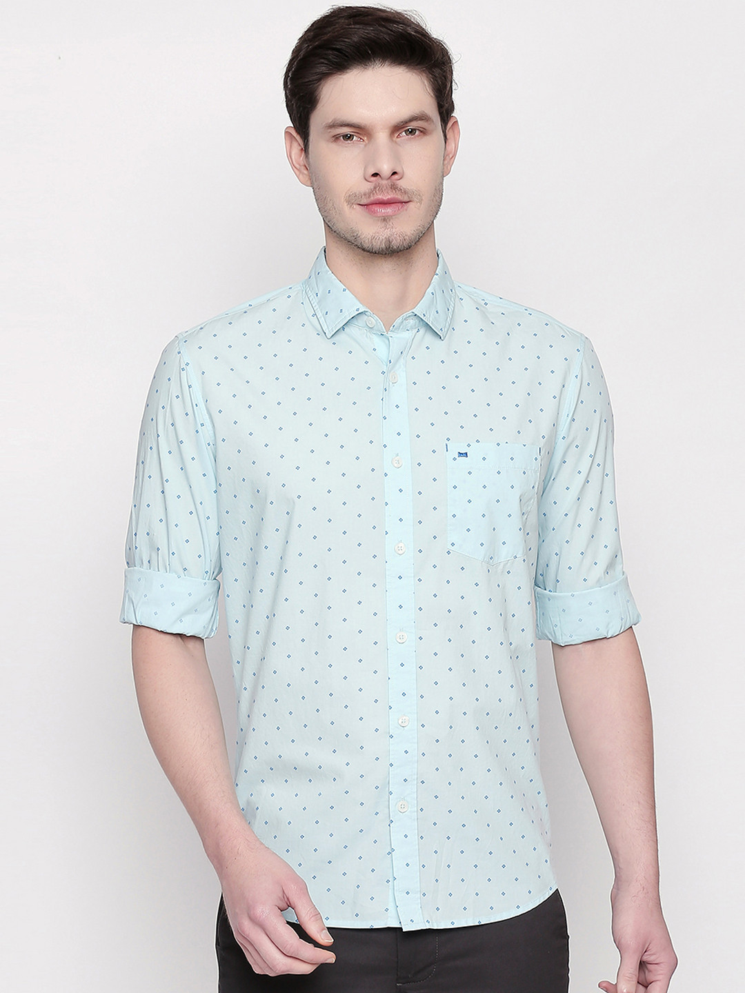 Men's Turquoise Blue Slim Fit Geometric Printed Cotton Casual Shirt