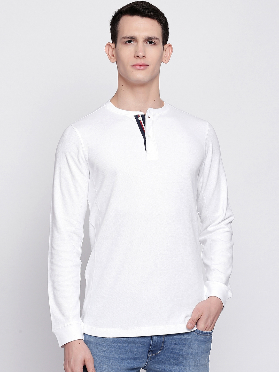 Buy Basics Men White Solid Mandarin Collar Pure Cotton T Shirt ...