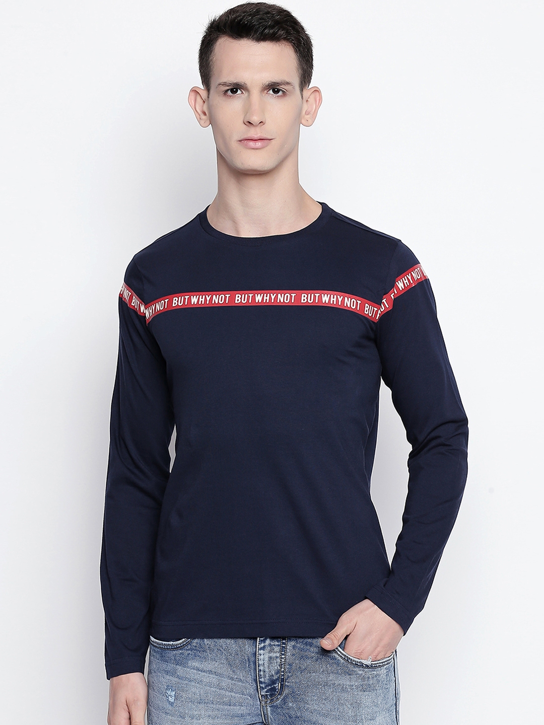 Buy Basics Men Navy Blue Printed Round Neck Pure Cotton T Shirt ...