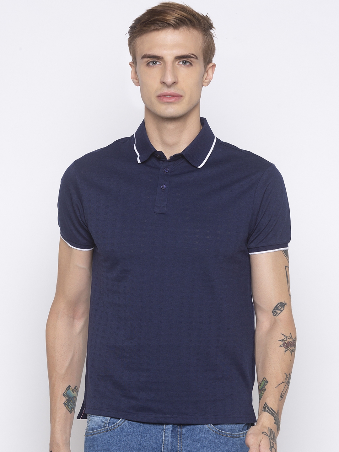 Buy Globus Men Navy Blue Solid Slim Fit Polo Collar T Shirt - Tshirts ...