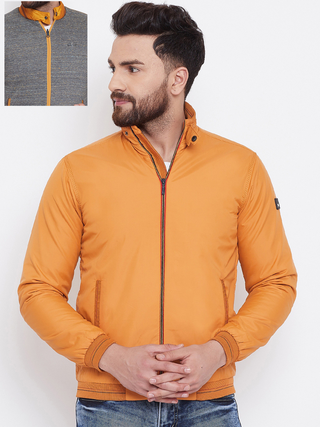 Buy Spirit Men Mustard Yellow & Grey Solid Reversible Bomber Jacket