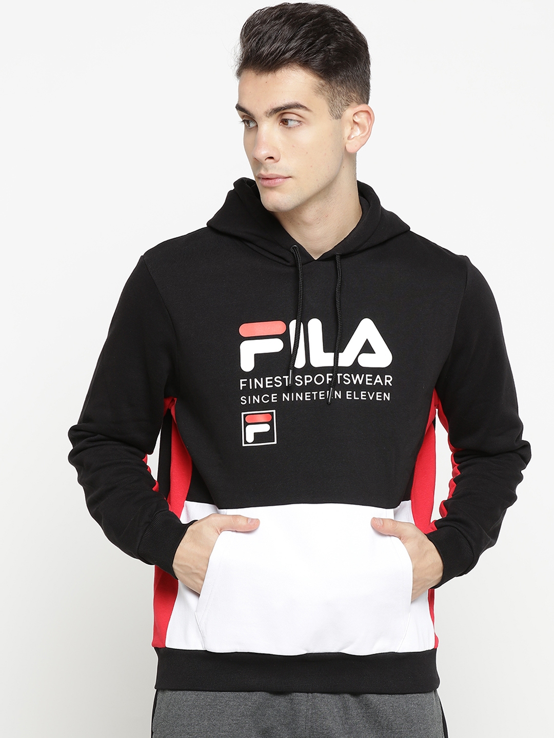 Buy FILA Men Black & White Printed Hooded Sweatshirt - Sweatshirts for ...