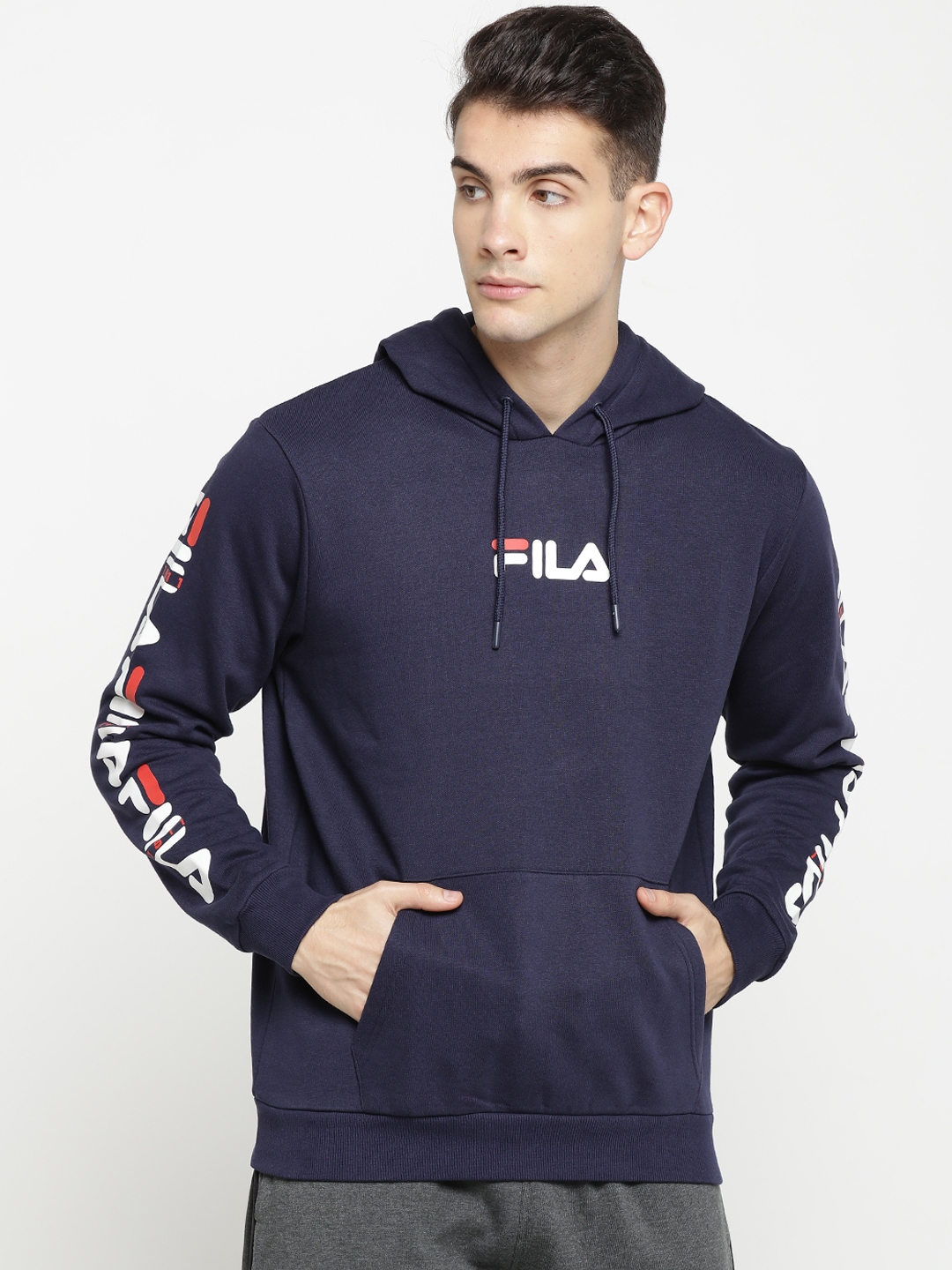 Buy FILA Men Navy Blue & White Printed Hooded Sweatshirt - Sweatshirts ...