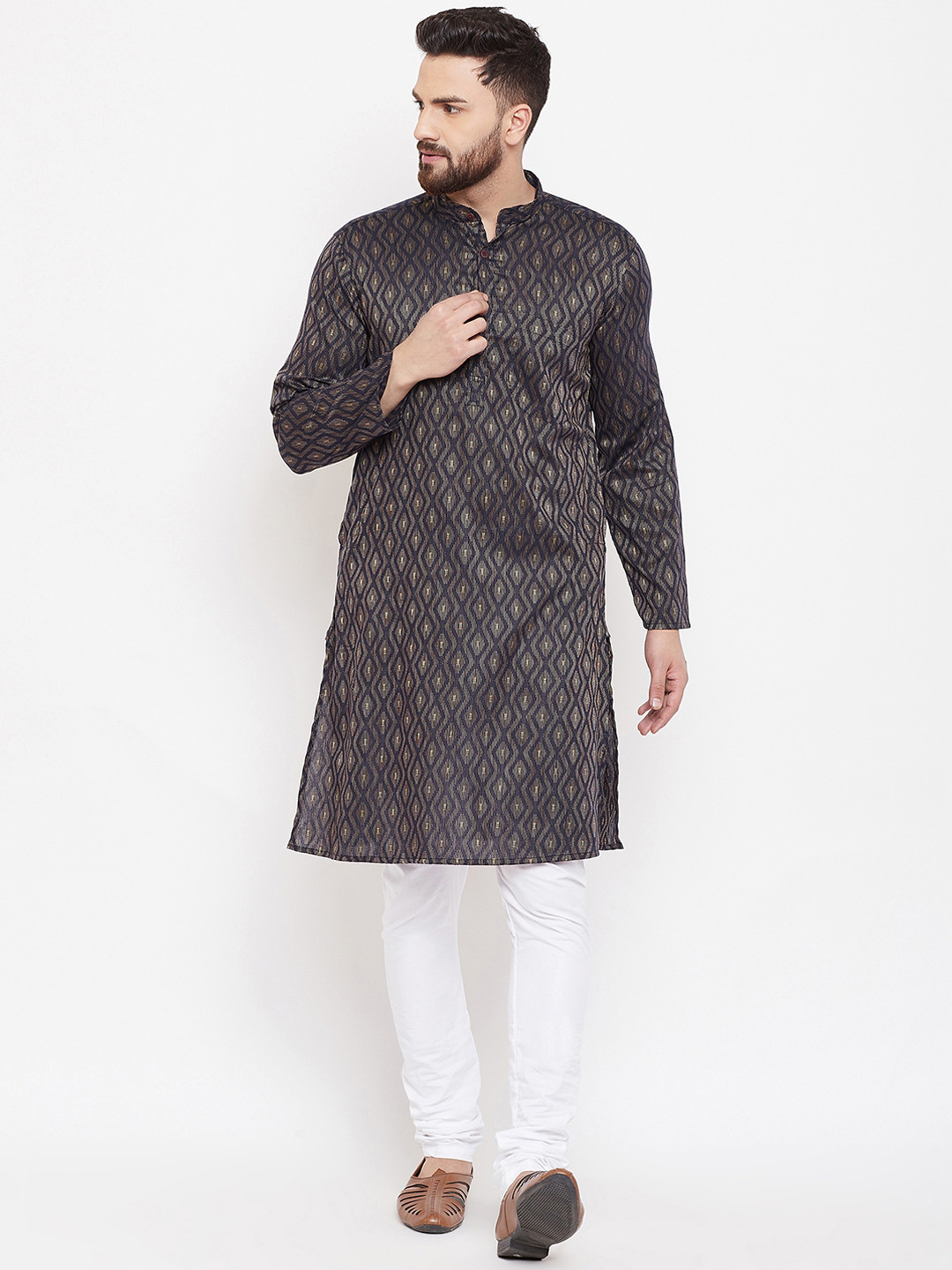 Men'S Blue And Golden Woven Design Kurta Only