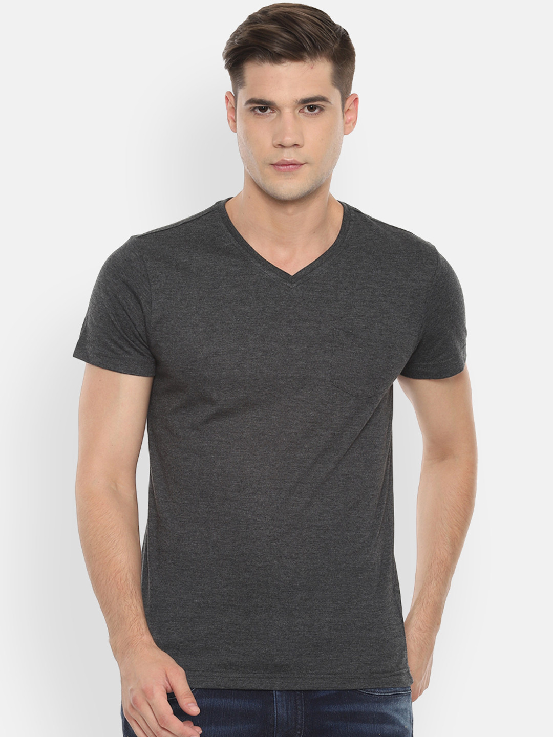 Buy People Men Grey Solid V Neck T Shirt - Tshirts for Men 11138362 ...