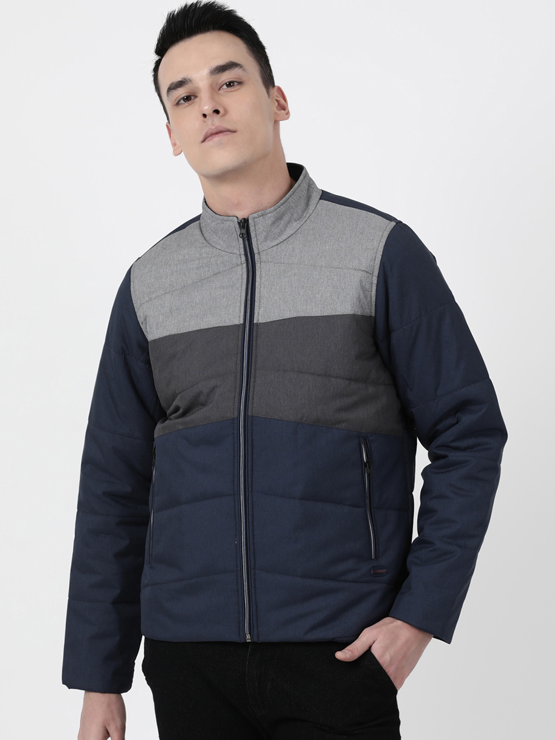 Buy Monte Carlo Men Grey & Blue Colourblocked Puffer Jacket - Jackets for Men 11142894 | Myntra