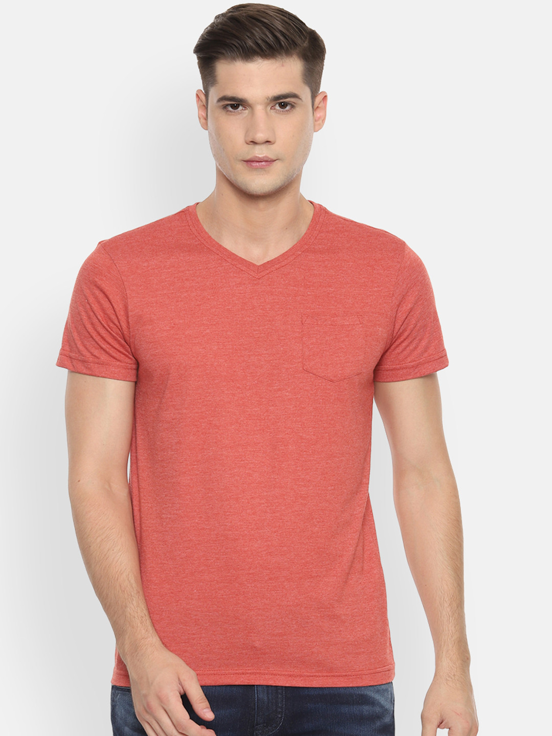 Buy People Men Coral Red Solid V Neck T Shirt - Tshirts for Men ...