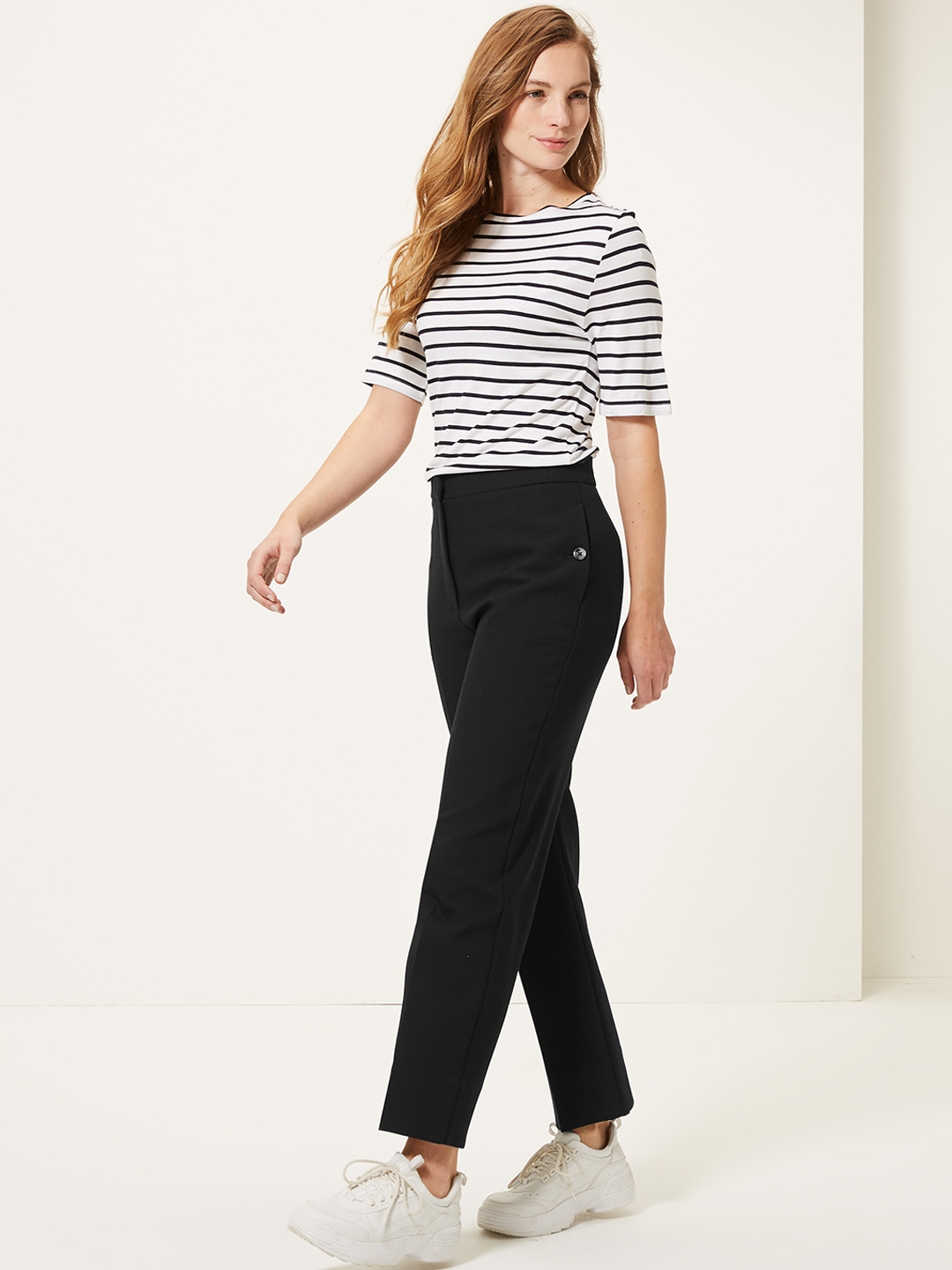 Buy Marks & Spencer Women Black Straight Fit Solid Regular Trousers ...