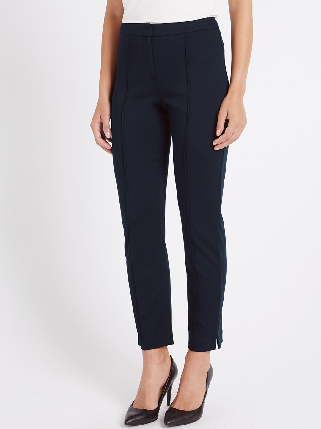 Buy Marks & Spencer Women Navy Blue Slim Fit Solid Cigarette Trousers