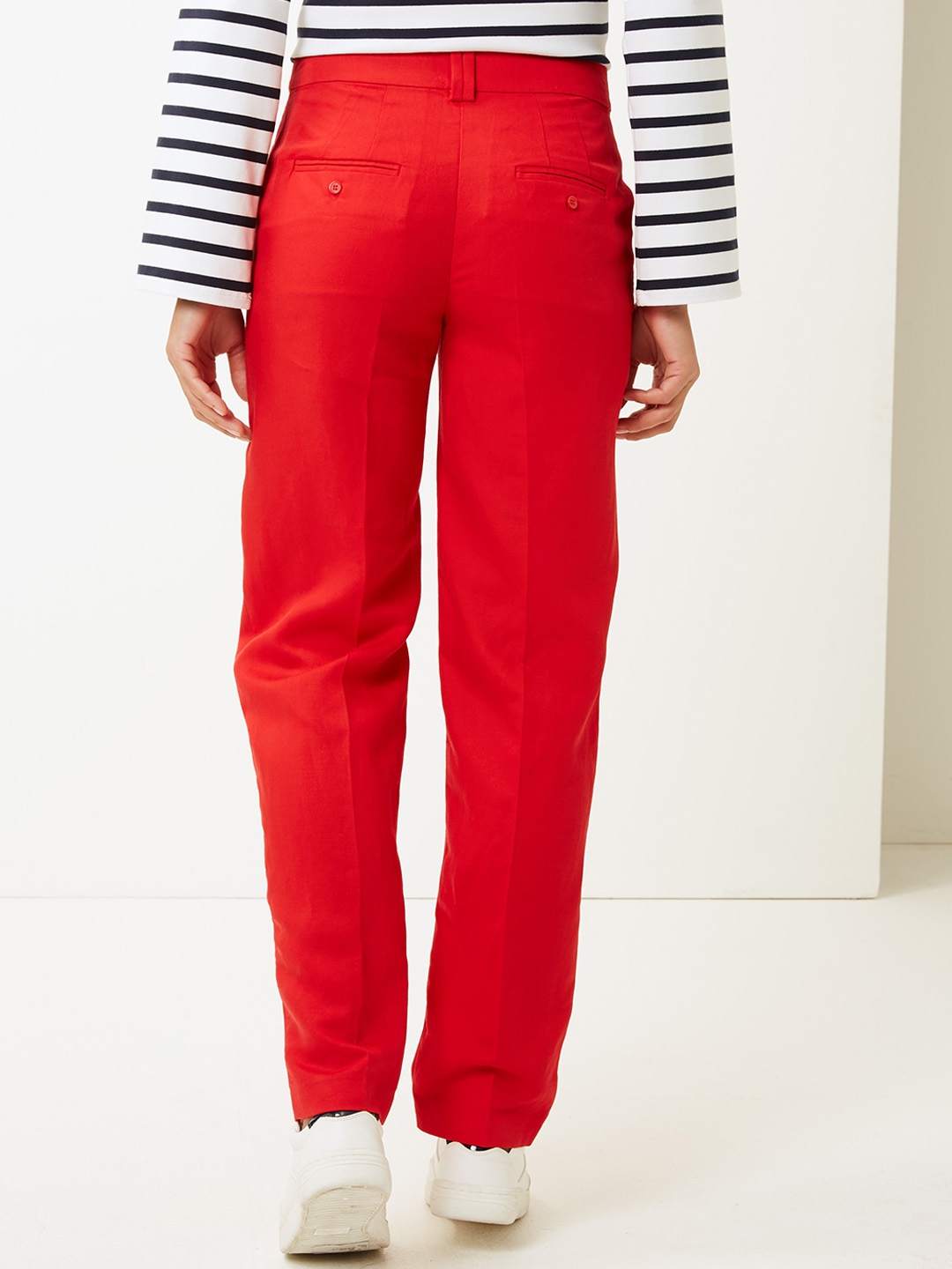 Buy Marks & Spencer Women Red Straight Fit Solid Regular Trousers ...
