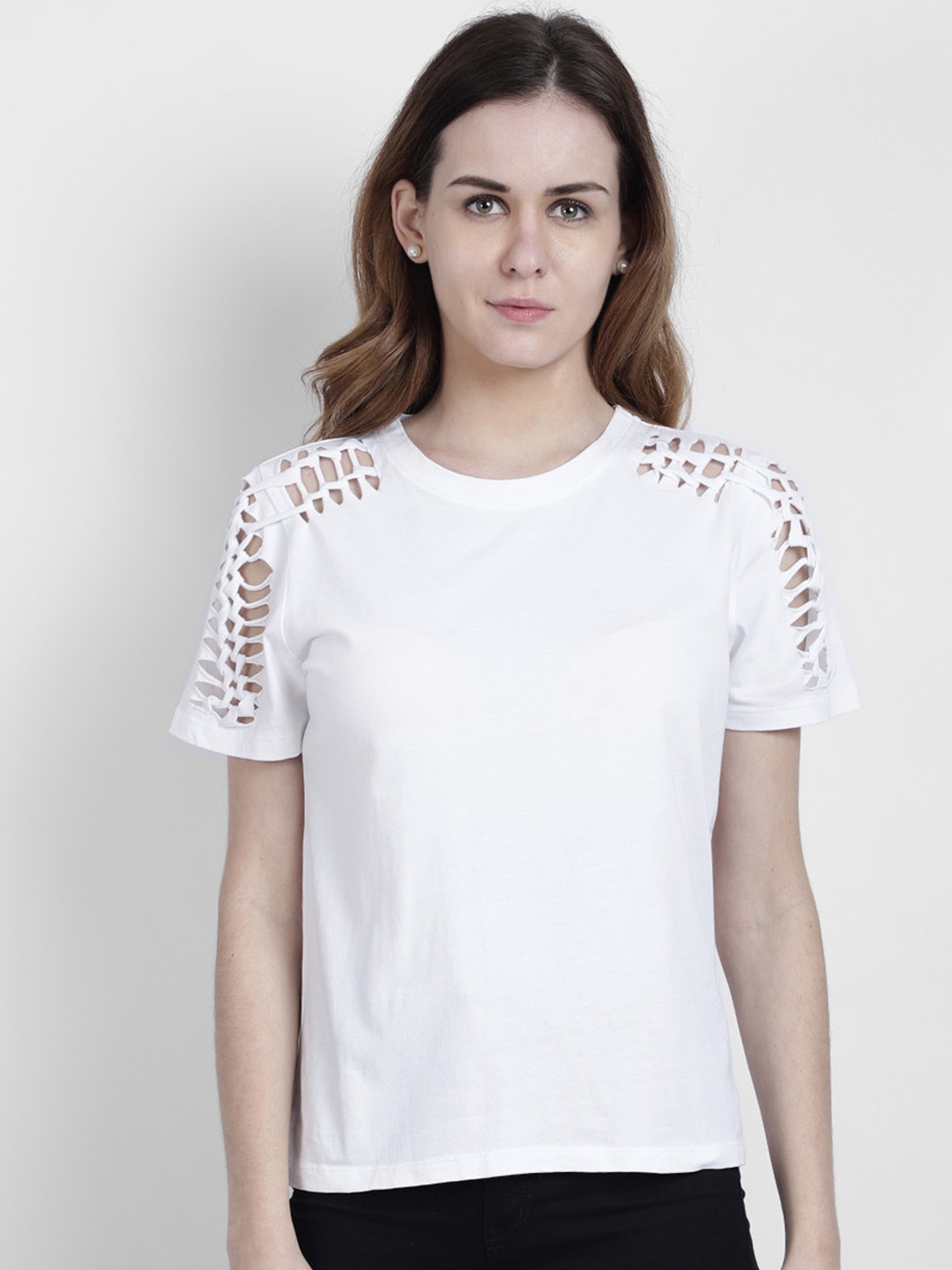Buy LA LOFT Women White Solid Round Neck T Shirt - Tshirts for Women ...