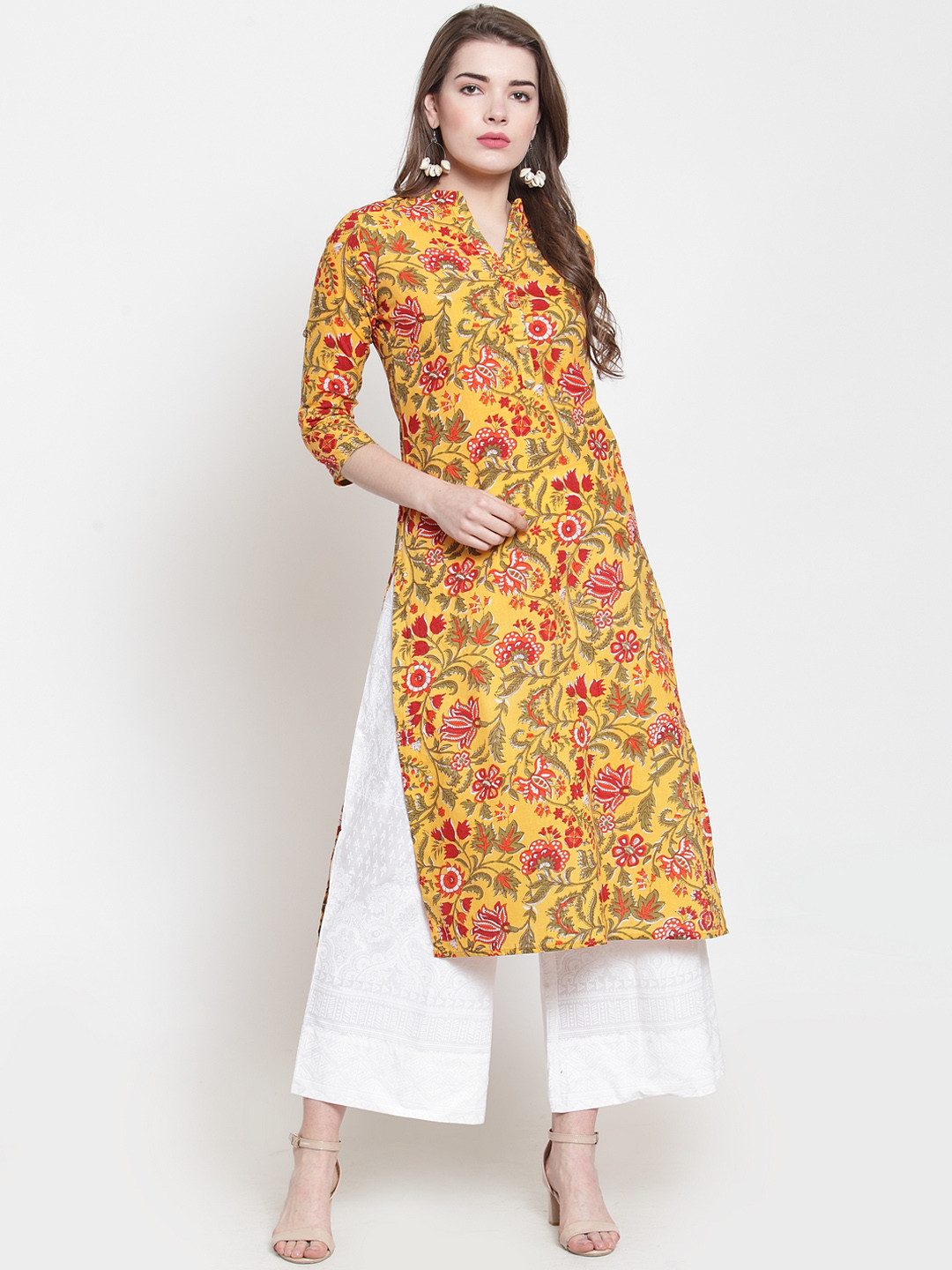 Women Yellow & White Leheriya Print Kurta With Palazzos