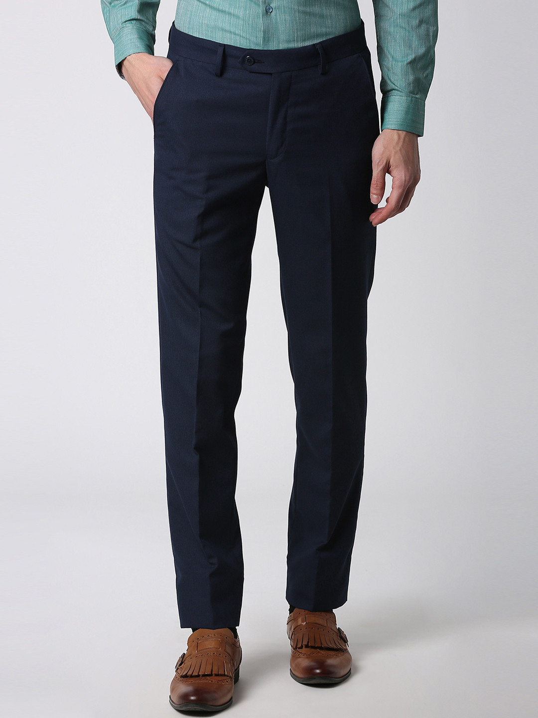 Buy Peter England Men Navy Blue Slim Fit Solid Formal Trousers