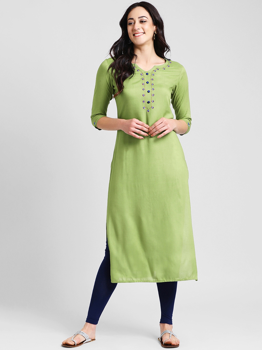 Buy Azira Women Green Embroidered Straight Kurta - Kurtas for Women ...