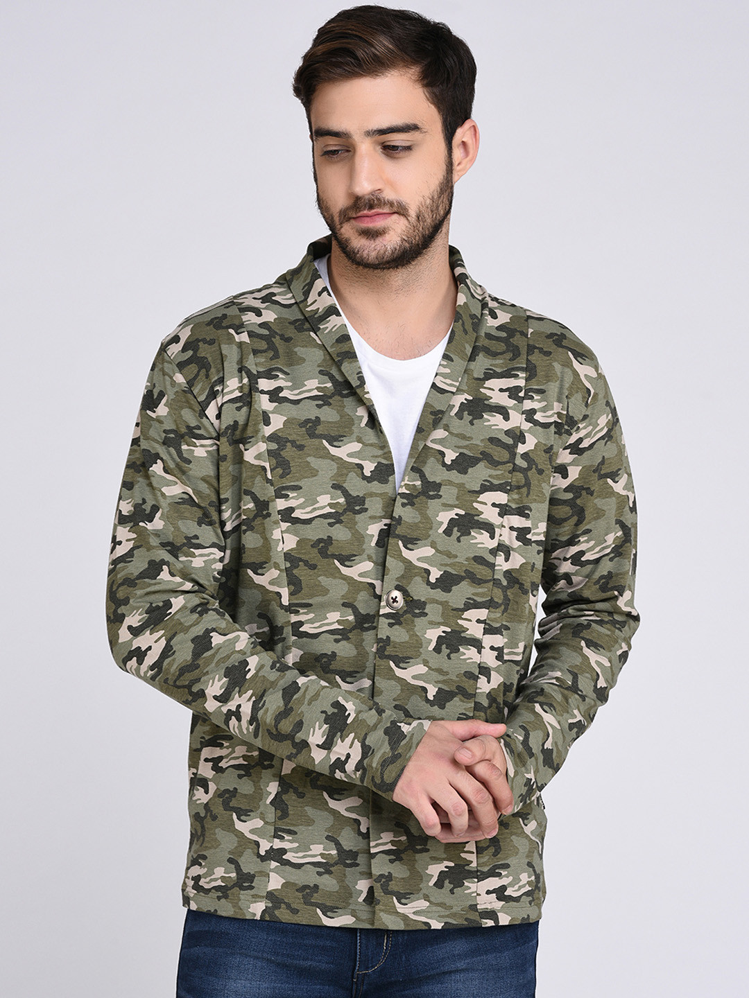 Buy Rigo Men Olive Green Camouflage Print Single Breasted Casual Pure