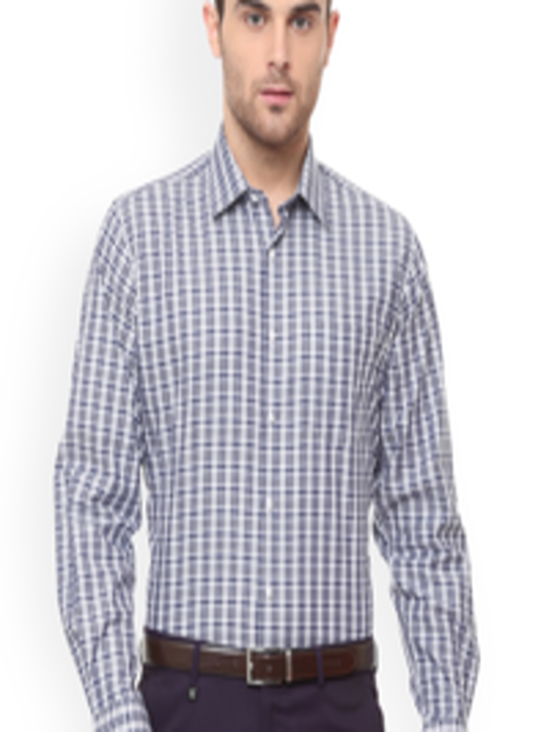 Buy Van Heusen Men Navy Blue & White Regular Fit Checked Formal Shirt ...