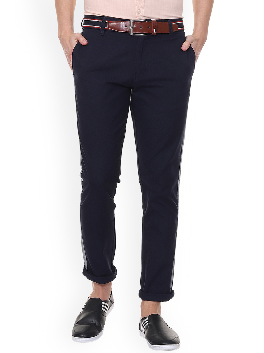 Buy People Men Navy Blue Slim Fit Solid Regular Trousers - Trousers for ...