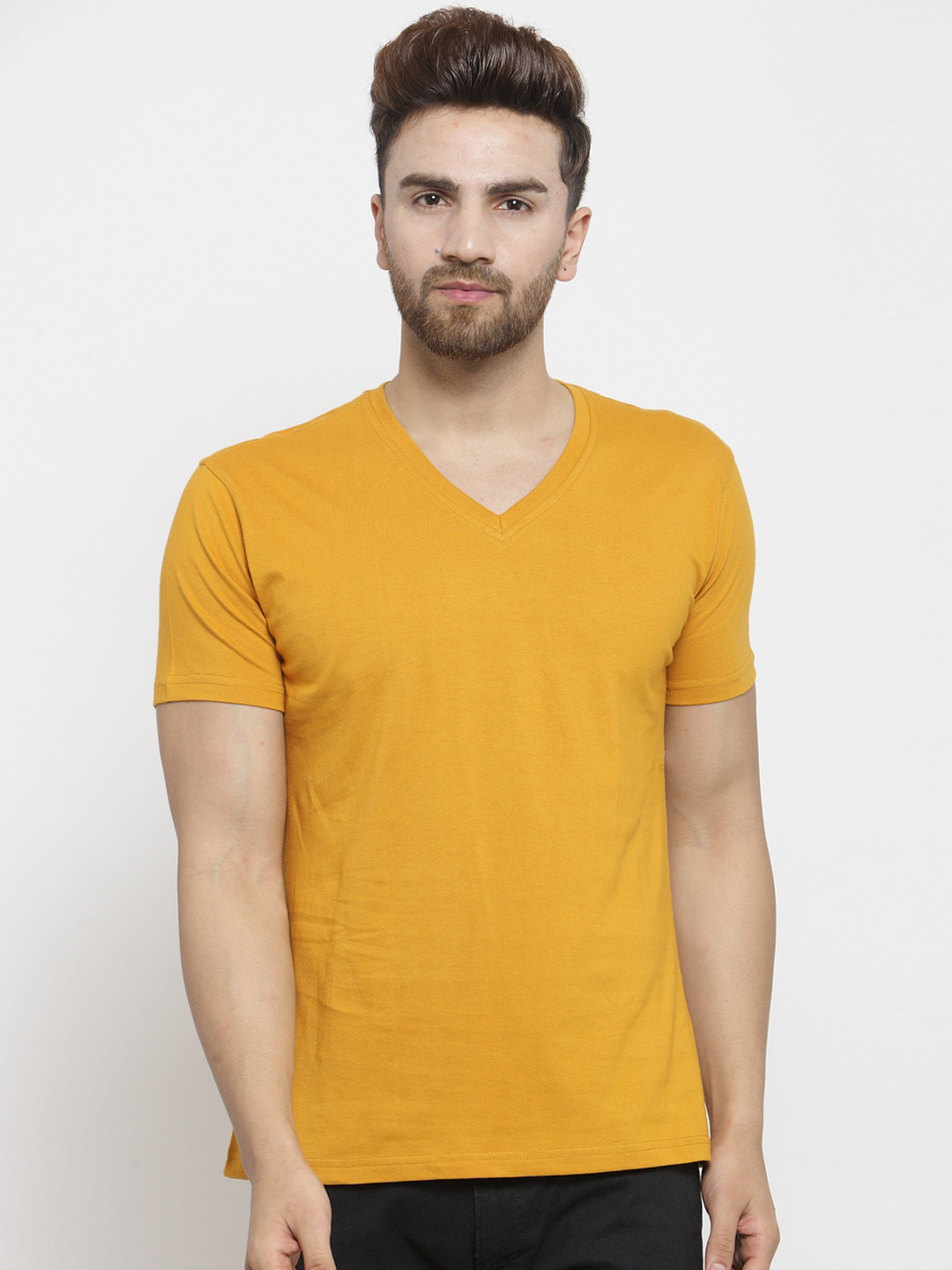 Buy Friskers Men Mustard Yellow Solid V Neck Pure Cotton T Shirt