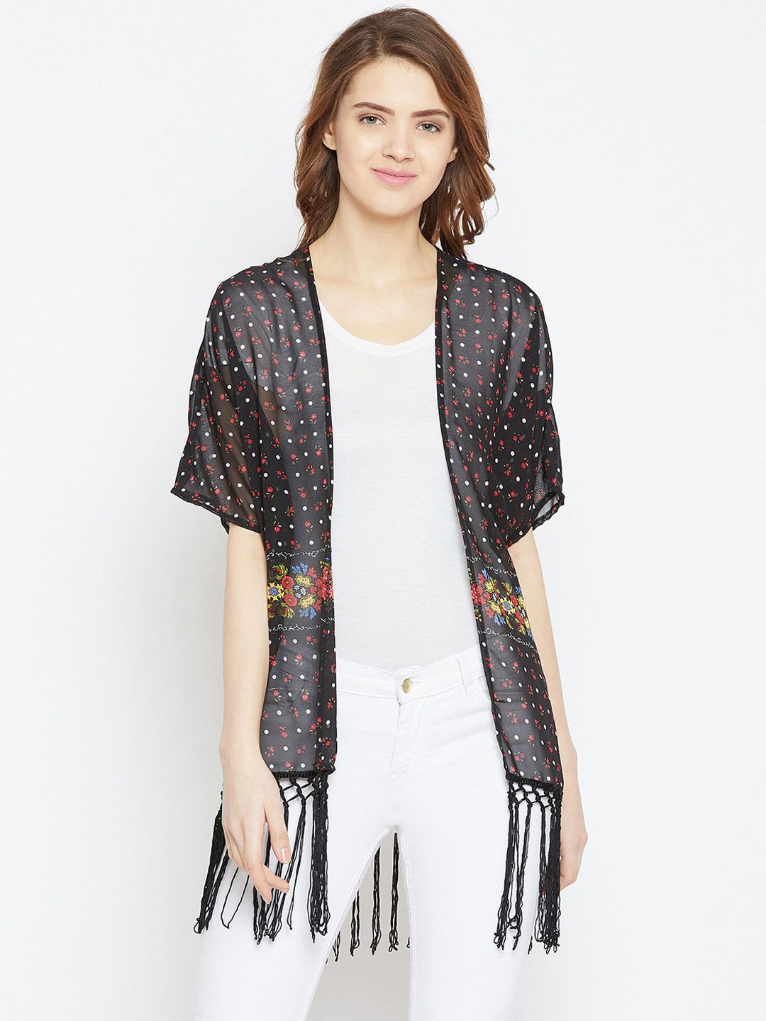 Buy Ruhaans Black Printed Open Front Shrug Shrug for Women 8921059