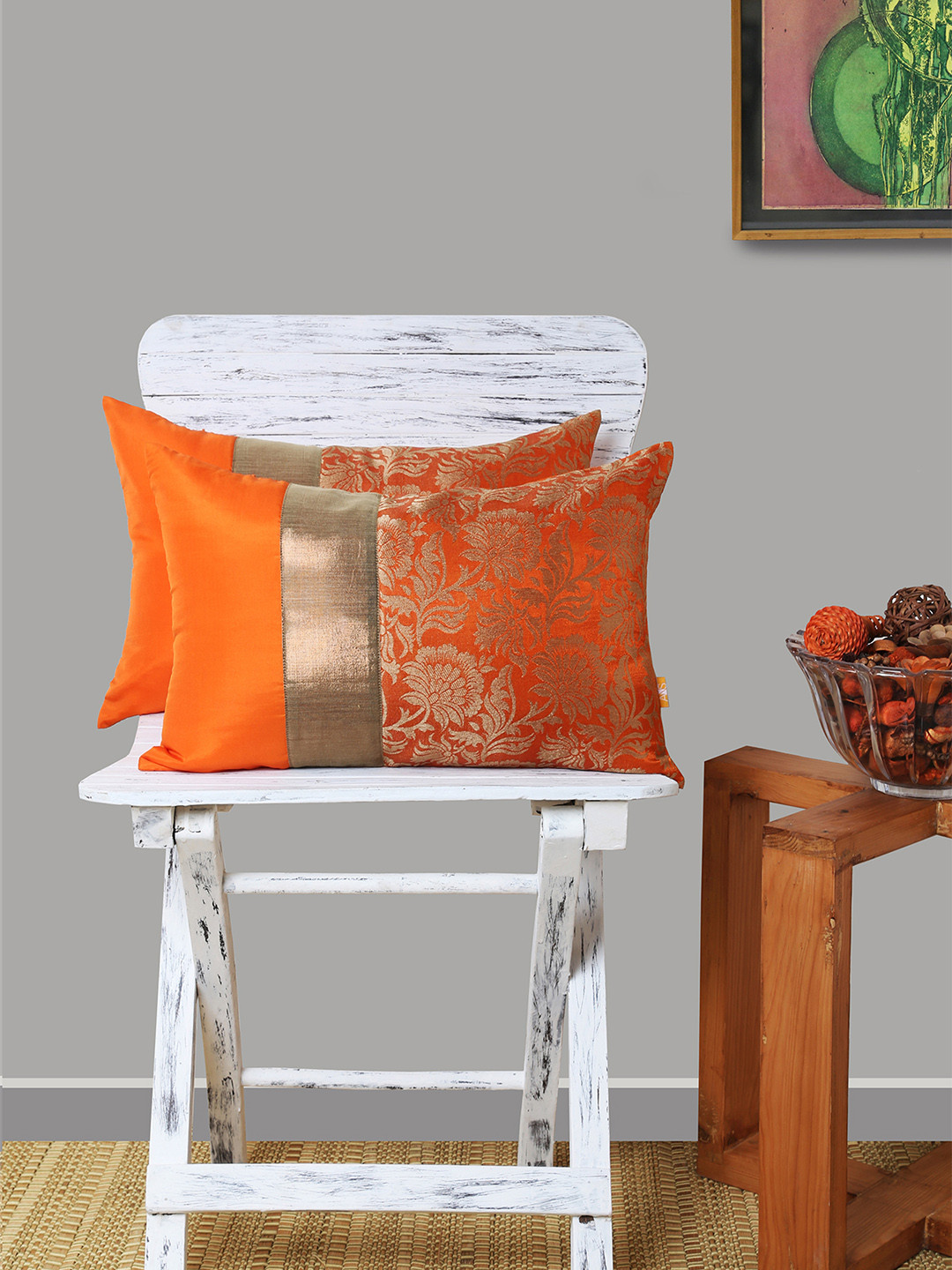 Buy ANS Orange Set Of 2 Floral Rectangle Cushion Covers Cushion