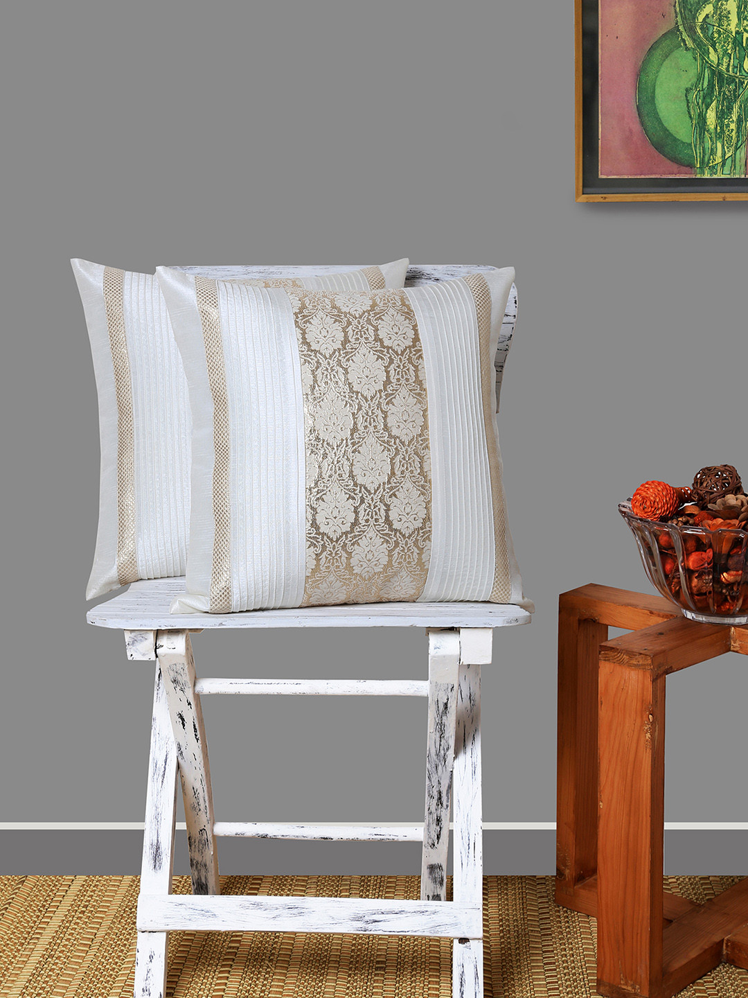 Buy ANS Off White Set Of 2 Self Design Square Cushion Covers Cushion