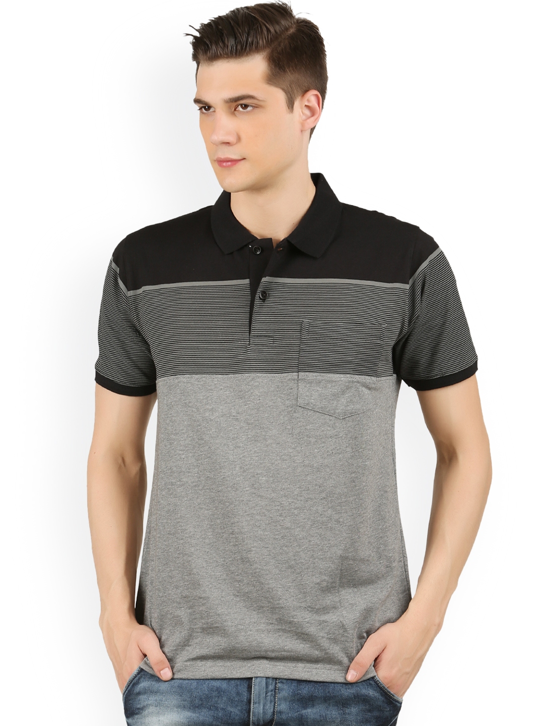 Buy WEXFORD Men Grey Striped Polo Collar Pure Cotton T Shirt - Tshirts ...