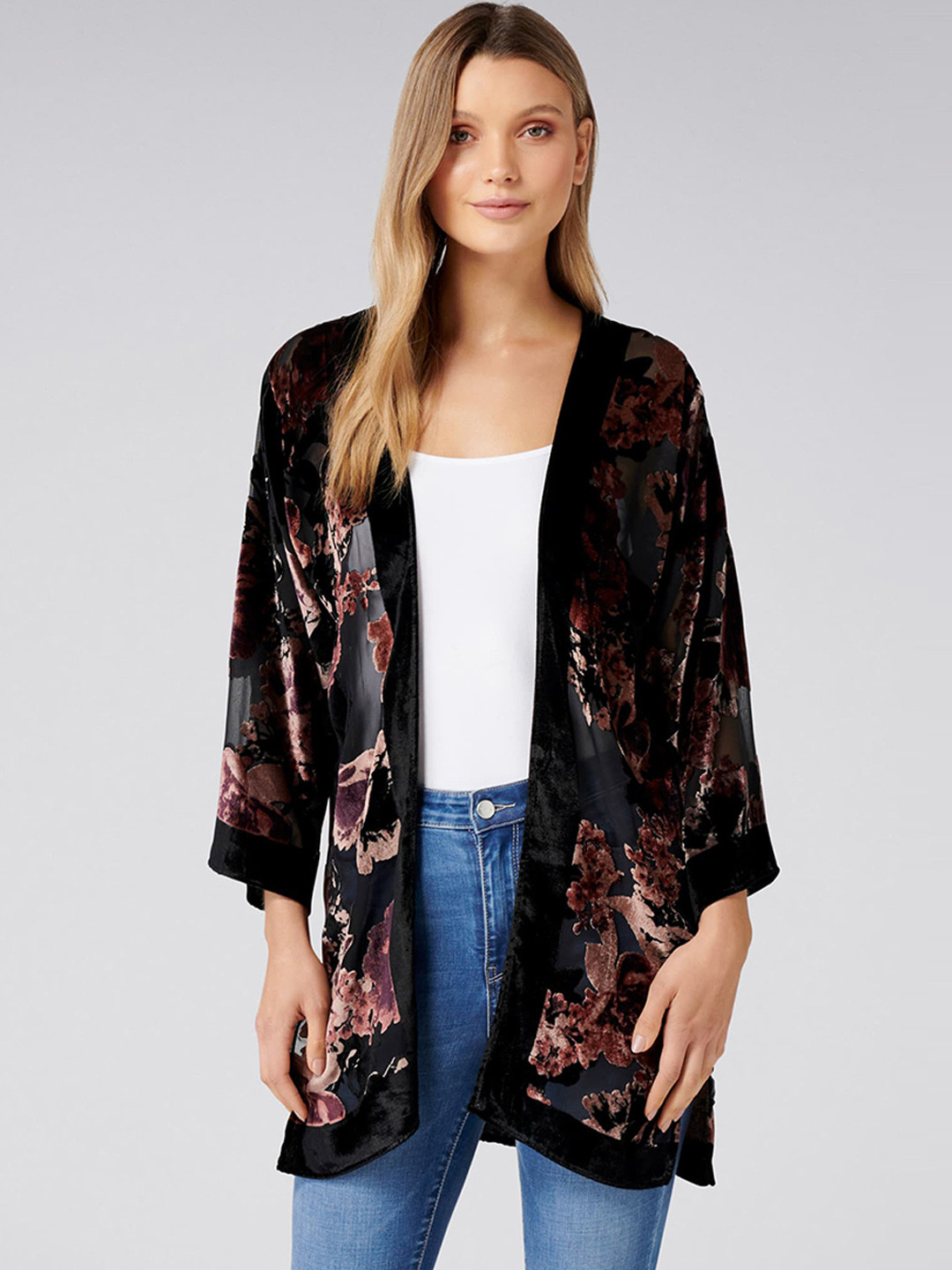 Women's Fuzzy Black Open Front Long Shrug