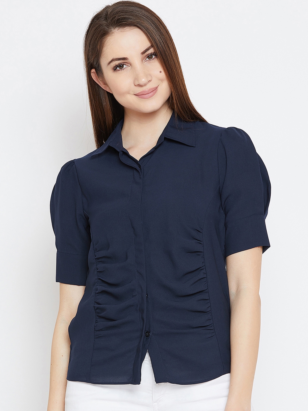 Buy Imfashini Women Navy Blue Solid Shirt Style Top - Tops for Women ...