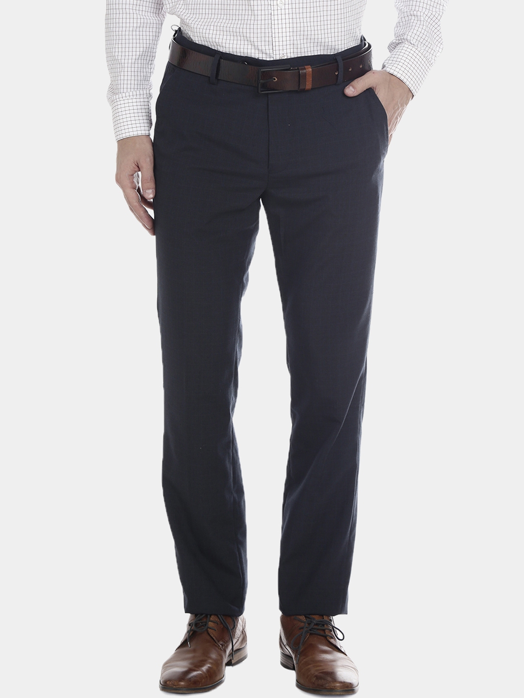 Buy Double Two Men Navy Blue Comfort Slim Fit Checked Formal Trousers ...