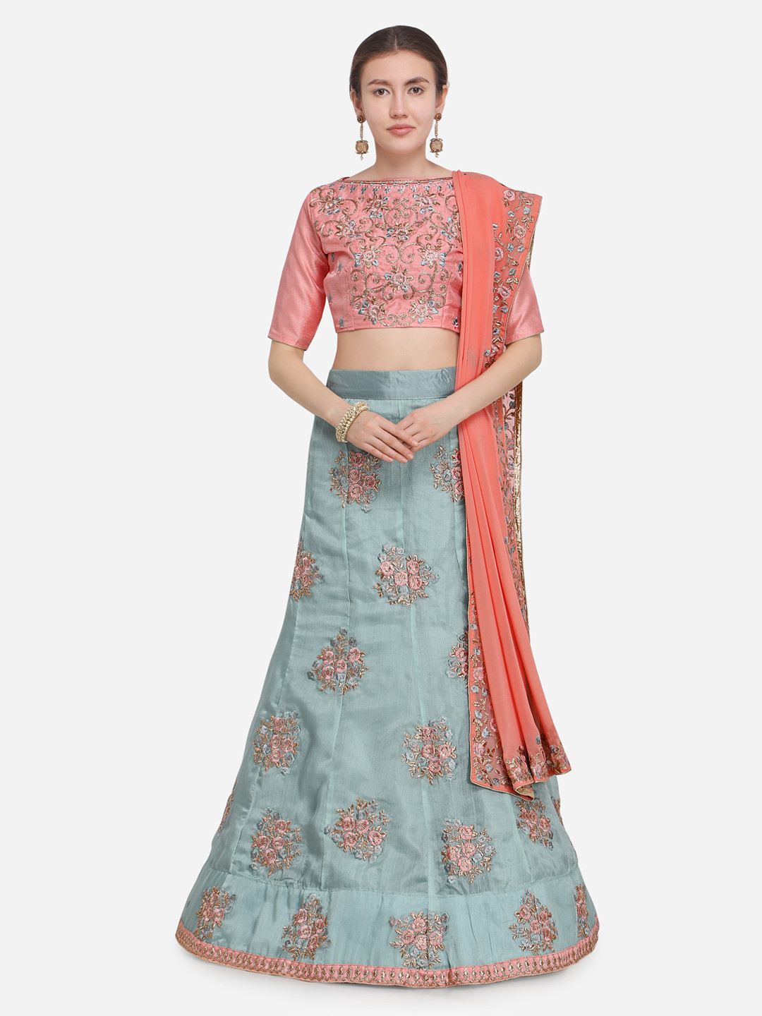 aasvaa lehenga choli Deals Buy Aasvaa Grey Coral Orange Semi Stitched Lehenga Unstitched Blouse With Dupatta Lehenga