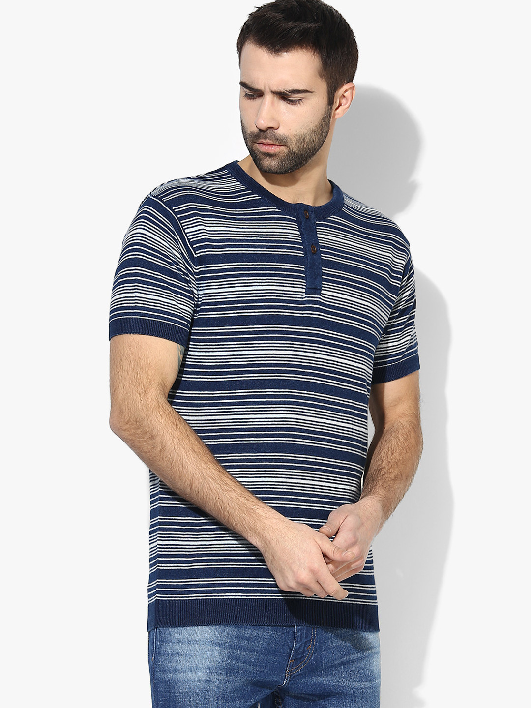 Buy Navy Blue Striped Regular Fit Henley T Shirt Tshirts for Men 9026329 Myntra